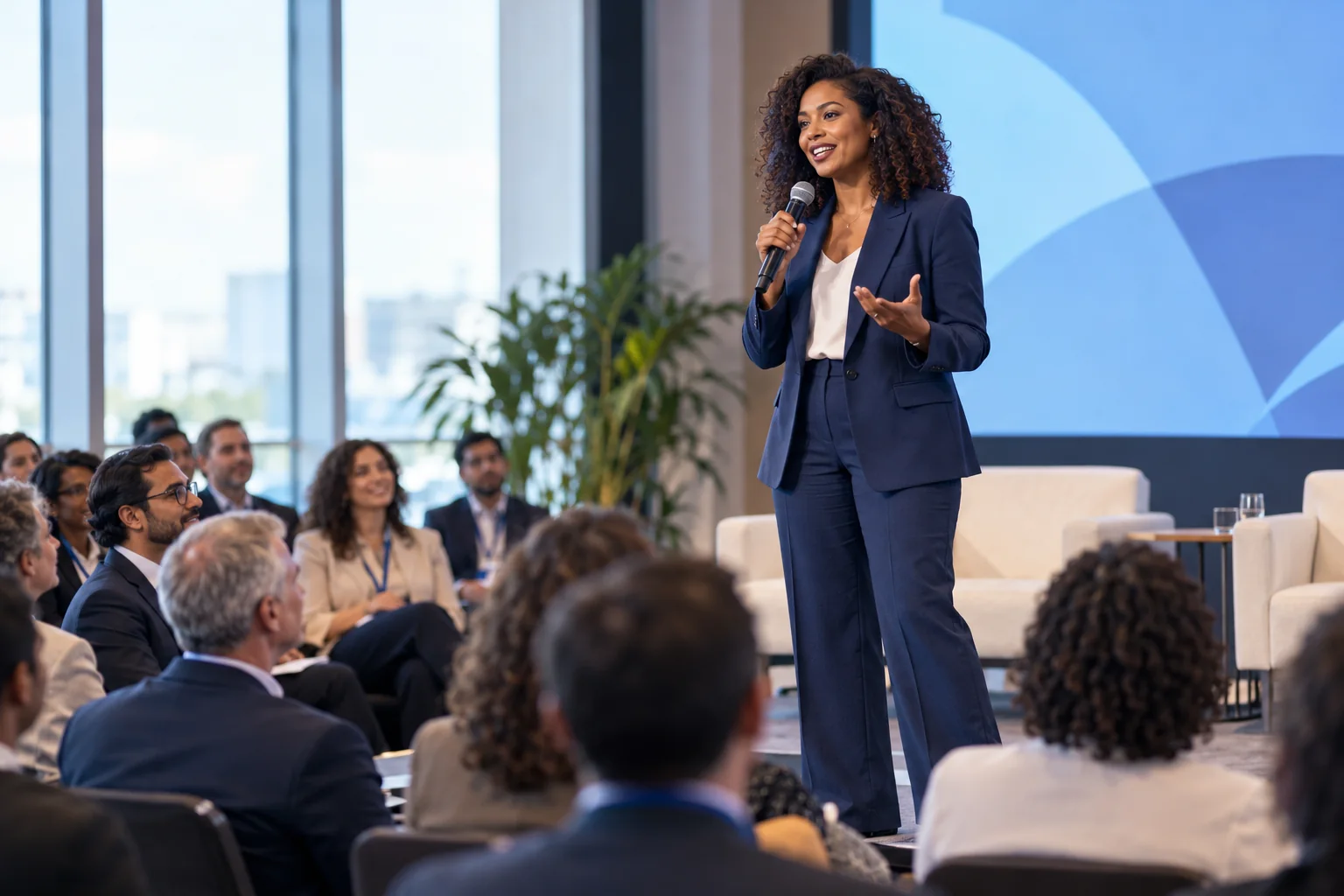 Conferencista diante de uma audiência em um evento empresarial