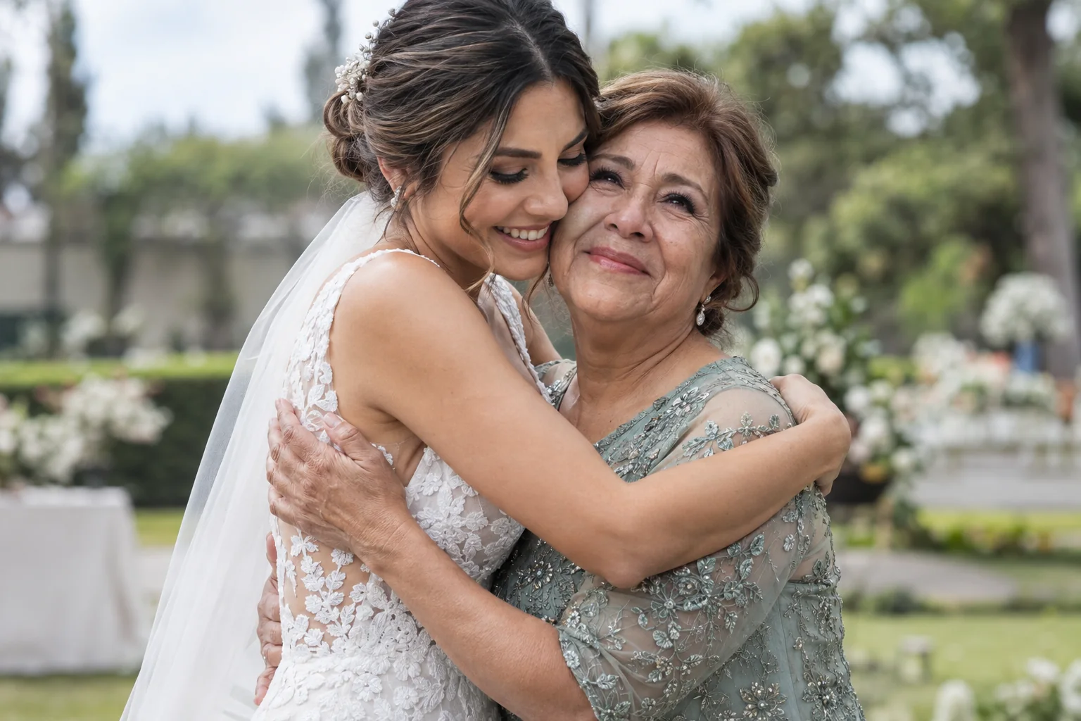 Noiva abraçando uma mulher durante a celebração