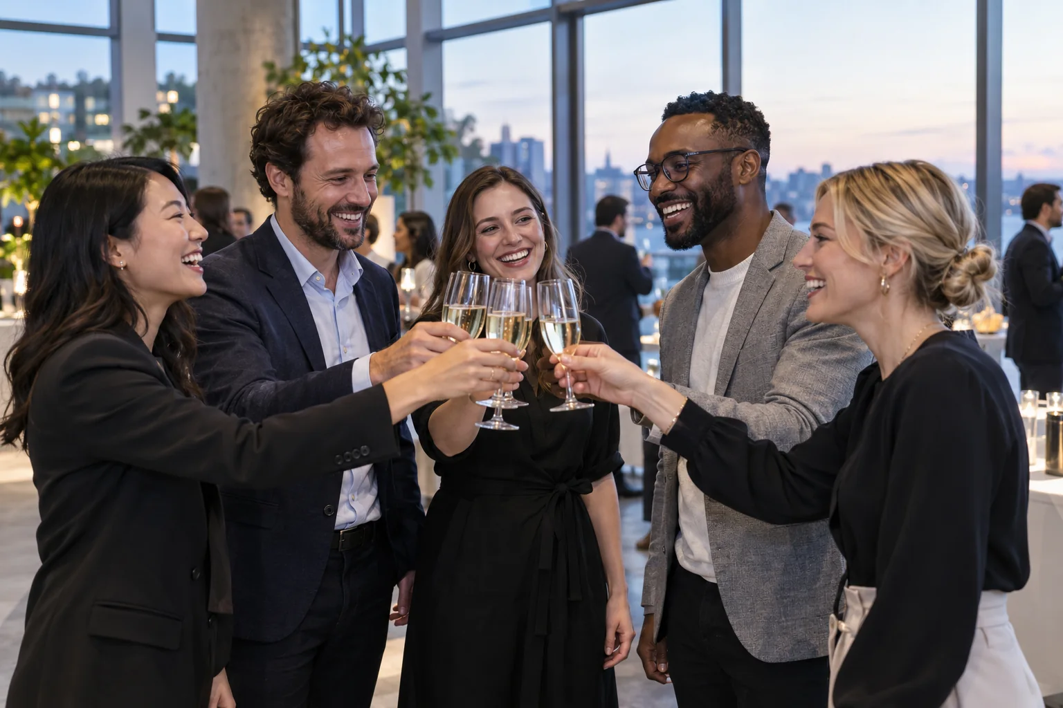Profissionais brindando em uma celebração empresarial