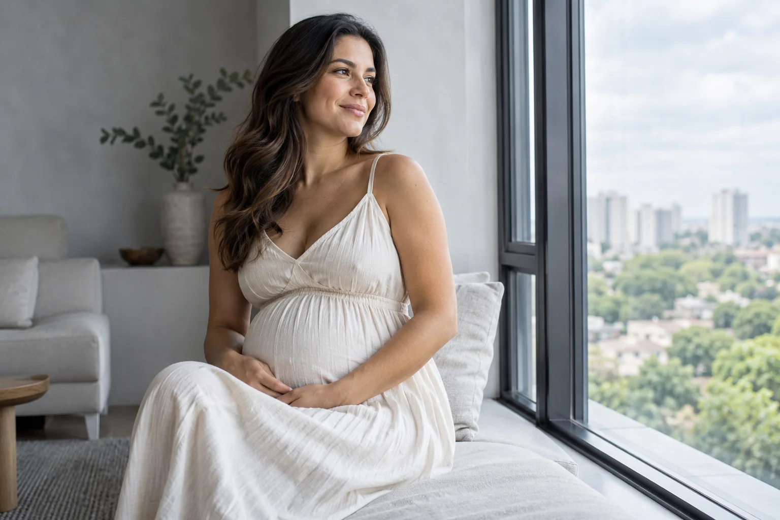 Gestante de vestido branco sentada junto a uma janela