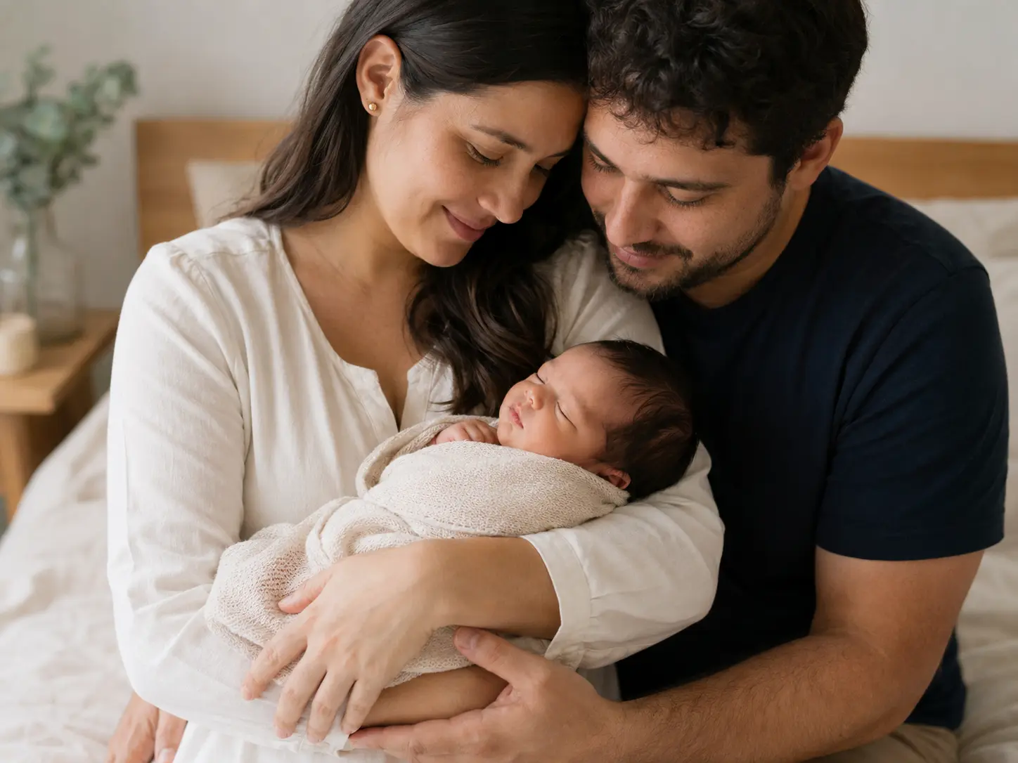 Pais com bebê recém-nascido no colo